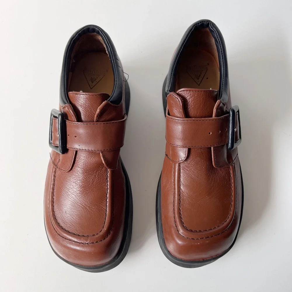 John Fluevog Harmony Chunky Platform Mary Janes Loafers Size 7 Brown Leather